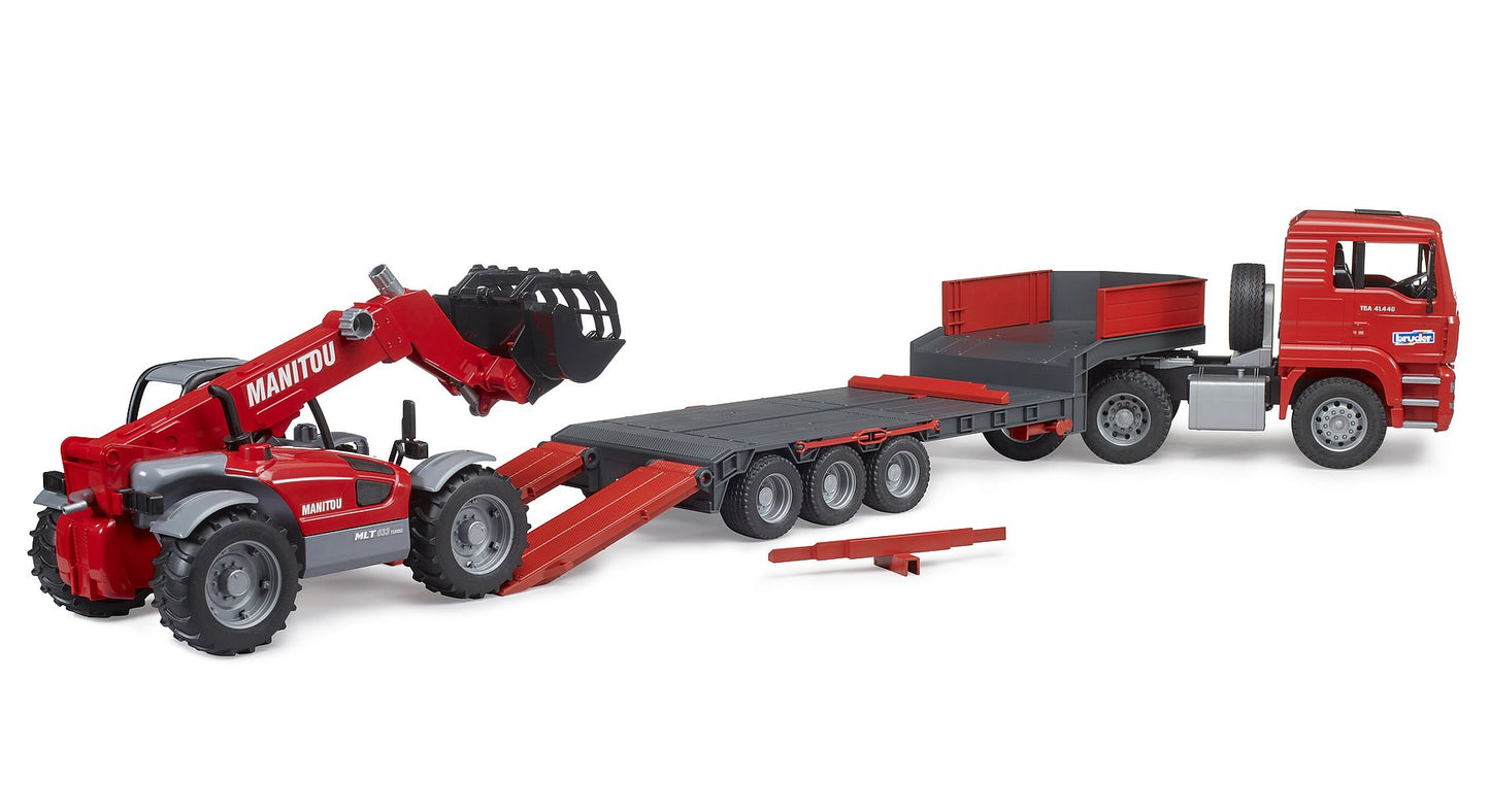 MAN TGA truck with low loader trailer and Manitou telehandler Telescopic  Loader MLT 633