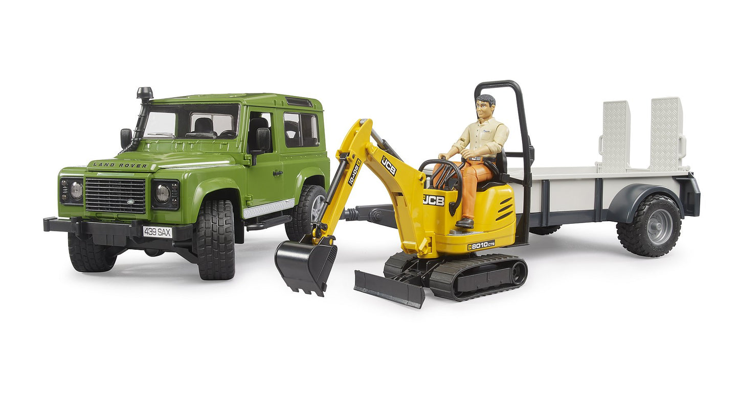 Bruder Construction Land Rover Defender with 1 Axle Trailer & JCB Micro Excavator