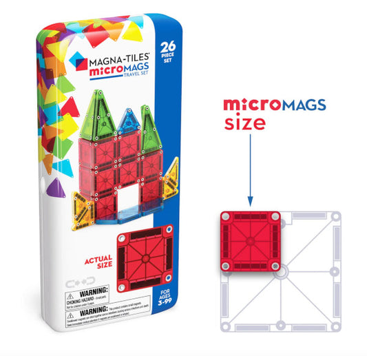 MicroMags travel set tin on the left on the right is a scale showing the size of a microMAG tile compared to a regular sized tile