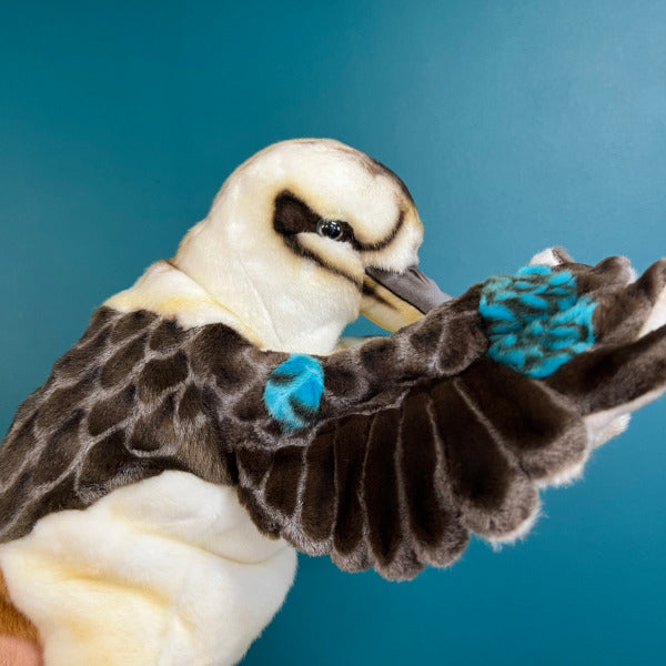 side view of kookaburra puppet showing wing and face