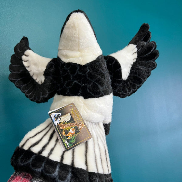 rear view of magpie puppet showing tail and black and white markings