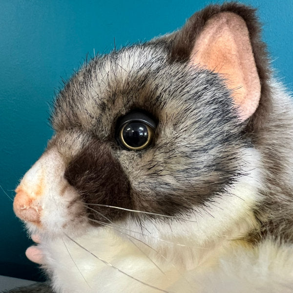 close up of face of ring tailed possum puppet showing whiskers, eyes, ears and fine airbrushed detail around nose