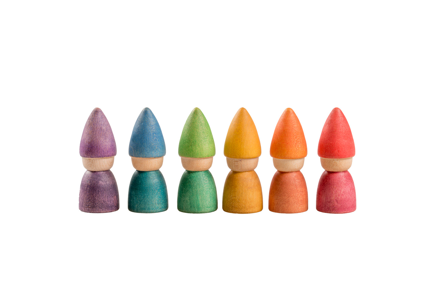 Wooden rainbow tomtens.  6 wooden carved people with cone shaped hats