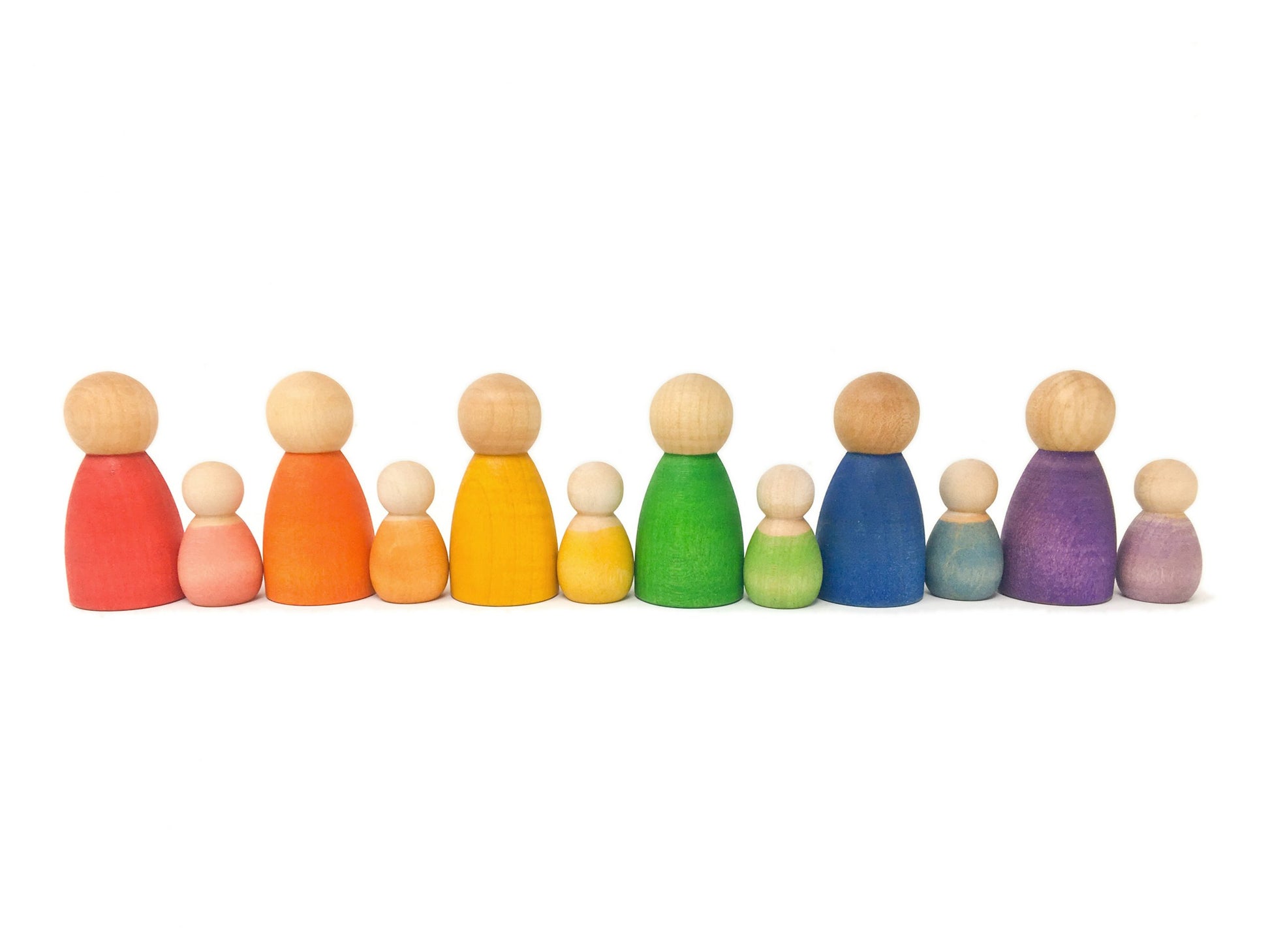 12 wooden people in 6 different rainbow colours.  they are standing in pairs, one larger sized wooden person next to the baby wooden person in the corresponding colour.